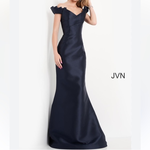 JVN by Jovani Style# JVN04717 Navy Off the Shoulder Mermaid Gown - Size 14 - Picture 1 of 8